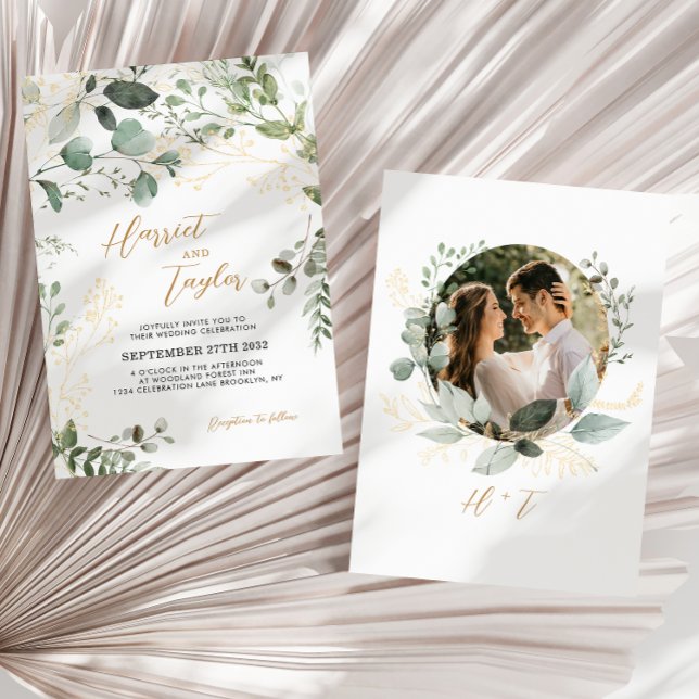 Invitación Gold Greenery Eucalyptus Photo Monogram Wedding  (Subido por el creador)