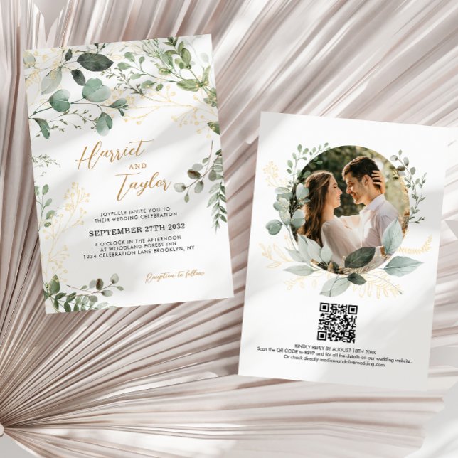 Invitación Gold Greenery Eucalyptus Photo QR Code Wedding  (Subido por el creador)