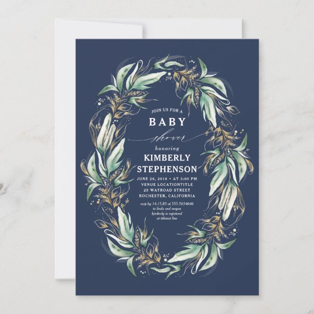 Invitación Gold Greenery Wreath Navy Blue Boho Baby Shower (Anverso)