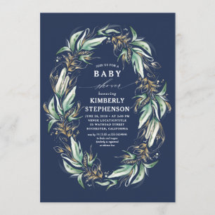 Invitación Gold Greenery Wreath Navy Blue Boho Baby Shower