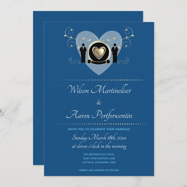 Invitación Gold Heart Male Boda Classic Blue (Anverso / Reverso)