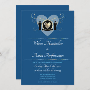 Invitación Gold Heart Male Boda Classic Blue