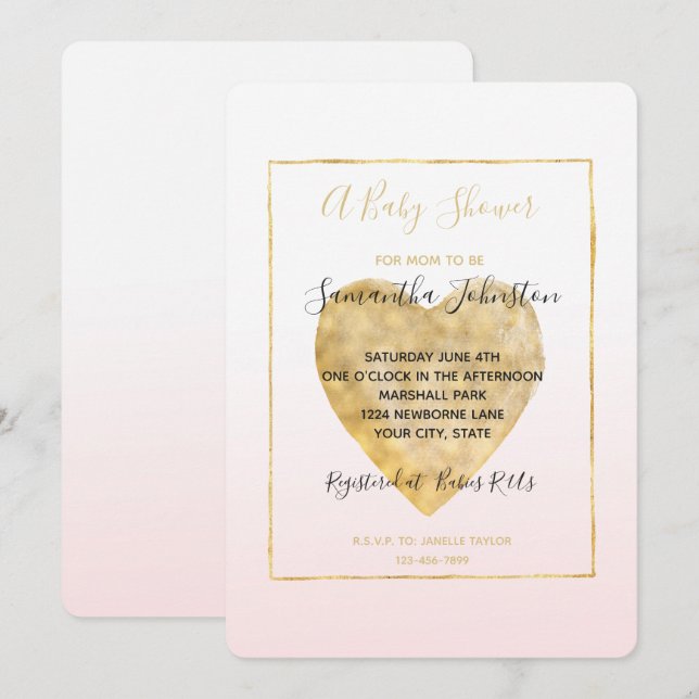 Invitación Gold Heart Rubor Pink Ombre Baby Shower (Anverso / Reverso)