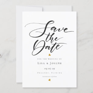 Invitación Gold Hearts Black and White Script Guardar la fech