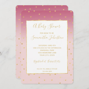 Invitación Gold Hearts Rubor Pink Ombre Baby Shower