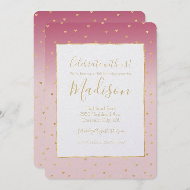 Invitación Gold Hearts Rubor Pink Ombre Cumpleaños (Anverso / Reverso)