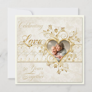 Invitación Gold Hearts Swirls Photo 50th Wedding Anniversary