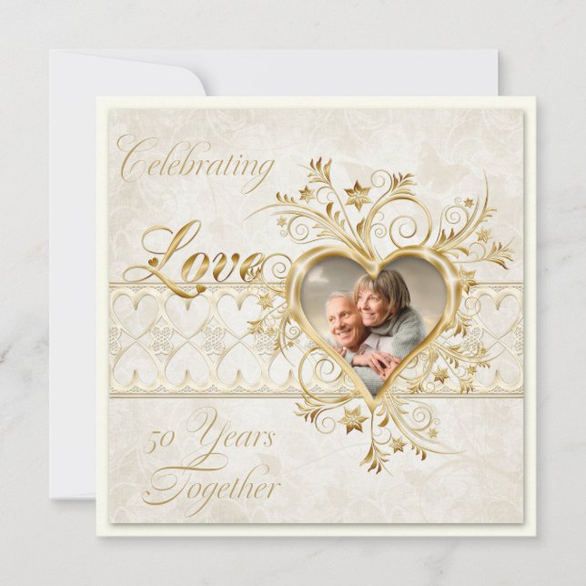 Invitación Gold Hearts Swirls Photo 50th Wedding Anniversary (Anverso)
