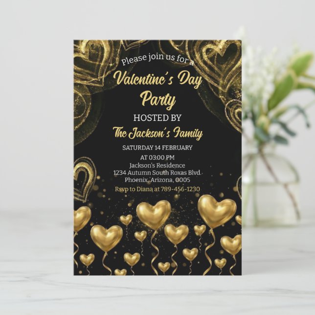 Invitación Gold Hearts Valentine's Day Party (Anverso de pie)