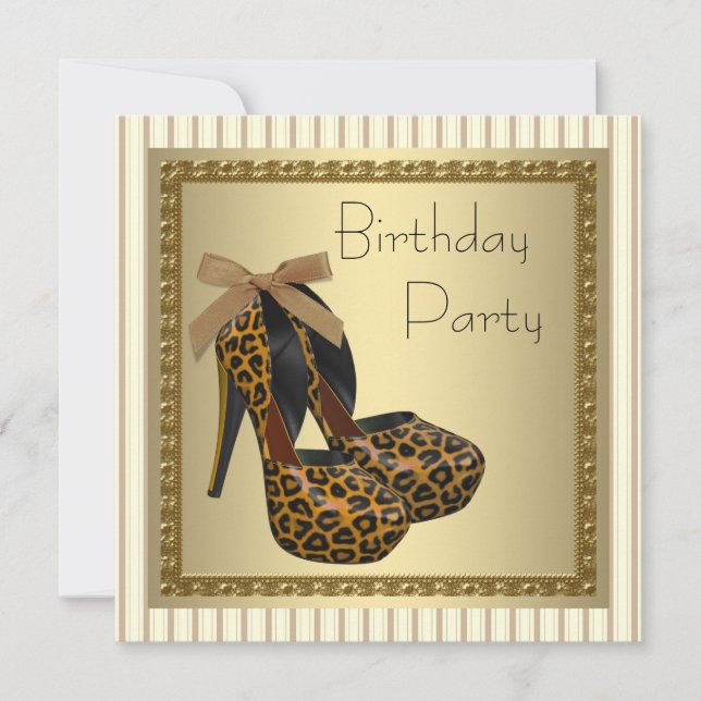 Invitación Gold High Heel Shoes Womans Leopard Birthday (Anverso)