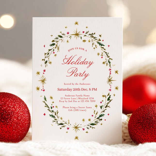 Invitación Gold Holiday Party Festive Christmas Wreath  (Subido por el creador)