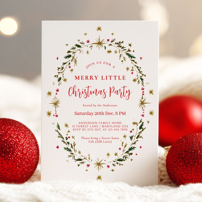 Invitación Gold Holiday Party Festive Christmas Wreath  (Subido por el creador)