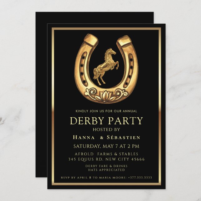 Invitación gold Horse Derby Party Equestrian  (Anverso / Reverso)