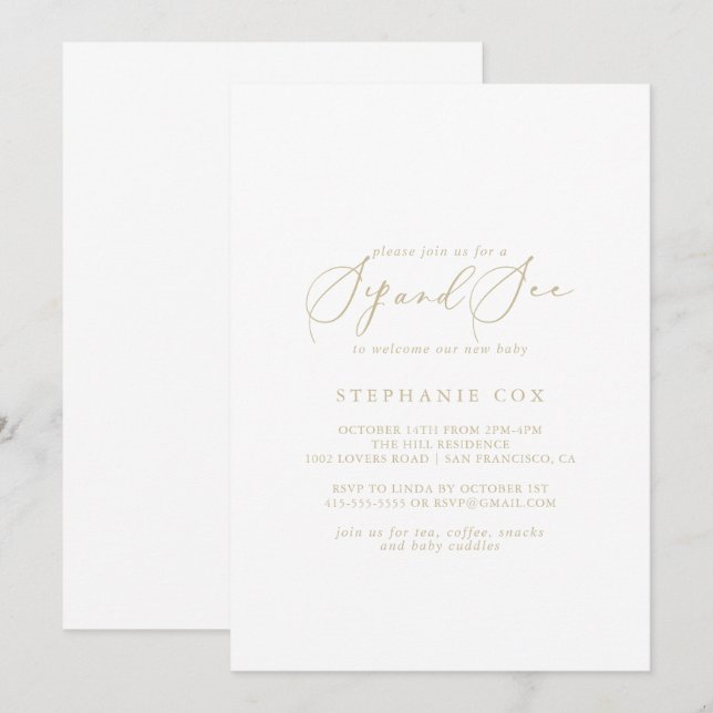 Invitación Gold Idyllic Stylish Calligraphy Sip y See (Anverso / Reverso)