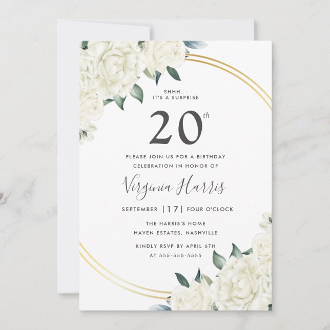 Invitación Gold Ivory Floral Veinte años (Anverso)