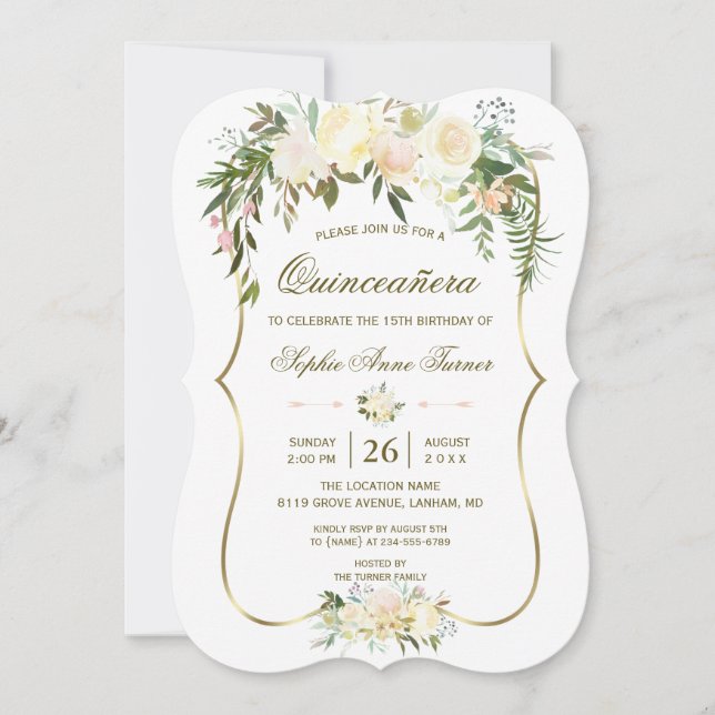 Invitación Gold Ivory Rubor Floral Quinceañera Cumpleaños (Anverso)