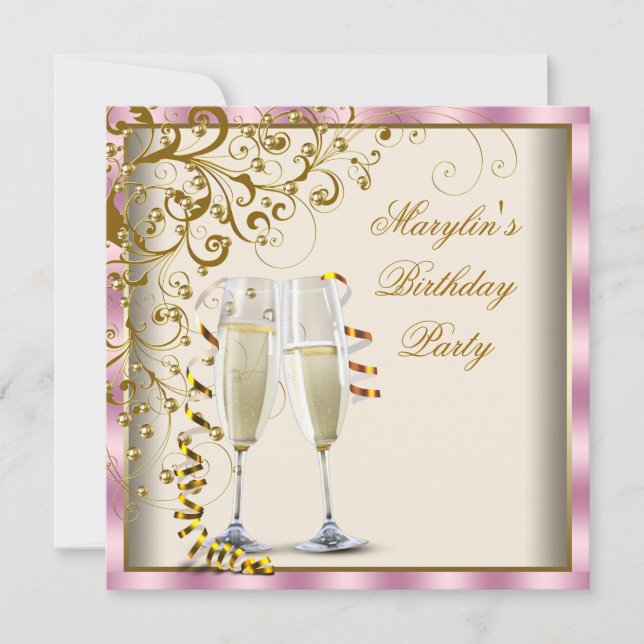 Invitación Gold Ivory Womans Pink Gold Cream Birthday (Anverso)