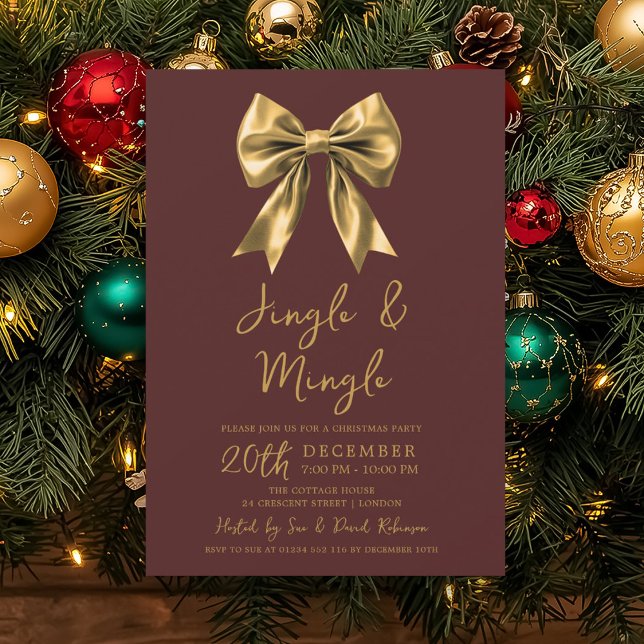 Invitación Gold Jingle & Mingle Christmas Party Bow Burgundy  (Gold Jingle & Mingle Christmas Party Bow Burgundy Invitation)