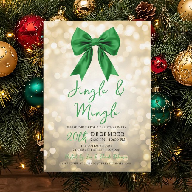 Invitación Gold Jingle Mingle Christmas Party Green Bow  (Gold Jingle Mingle Christmas Party Green Bow Invitation)