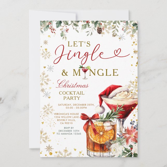 Invitación Gold Jingle & Mingle Christmas Santa Cocktail  (Anverso)