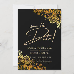 Invitación GOLD LACE Black All-in1 Wedding Save the Date