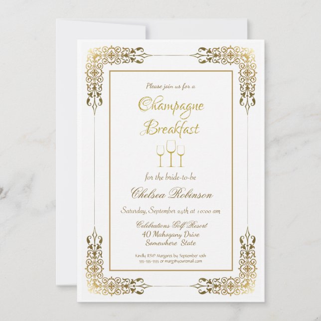 Invitación Gold Lace Champagne Desayuno Bridal Ducha (Anverso)