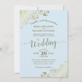 Invitación Gold Lace Elegant Calligraphy Powder Blue Wedding 