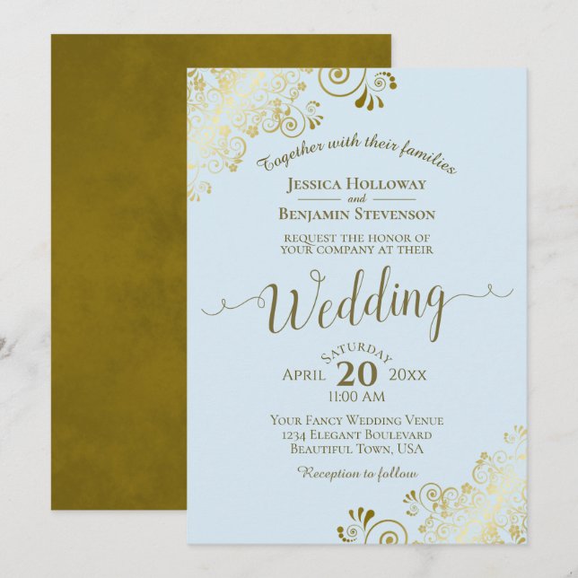 Invitación Gold Lace Elegant Calligraphy Powder Blue Wedding  (Anverso / Reverso)