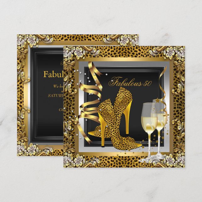 Invitación Gold Leopard Black High Heels Shoels Cumpleaños (Anverso / Reverso)