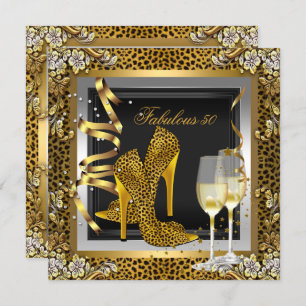 Invitación Gold Leopard Black High Heels Shoels Cumpleaños