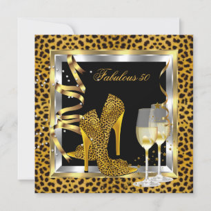 Invitación Gold Leopard Black High Heels Shoels Cumpleaños 2