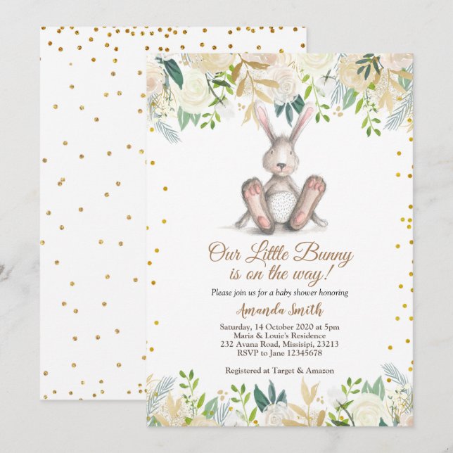 Invitación Gold Little Bunny está en camino de Easter Baby Sh (Anverso / Reverso)