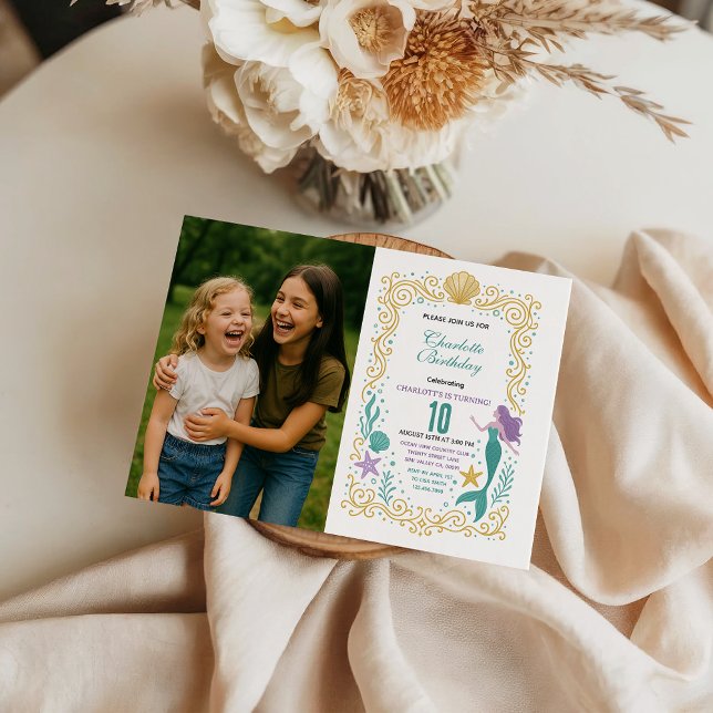 Invitación Gold Little Mermaid 10th Birthday  Under the sea (Subido por el creador)