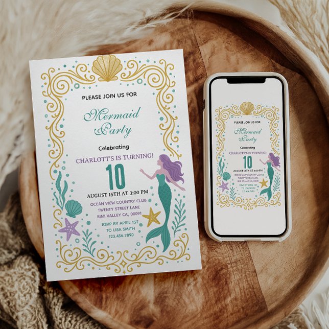 Invitación Gold Little Mermaid 10th Birthday  Under the sea  (Subido por el creador)