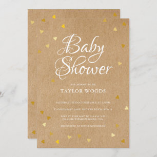 Invitación Gold Love Hearts Baby Shower Rustic Kraft Boho