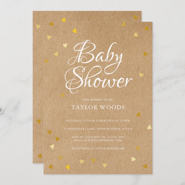 Invitación Gold Love Hearts Baby Shower Rustic Kraft Boho (Anverso / Reverso)