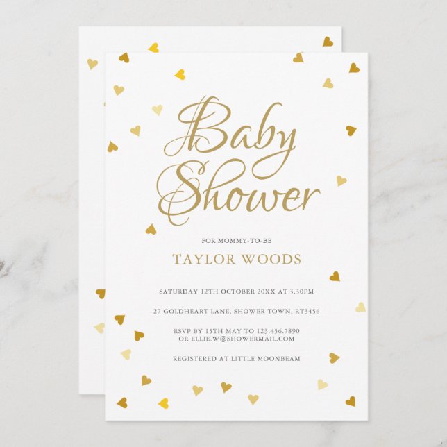 Invitación Gold Love Hearts Confetti Baby Shower / Sprinkle (Anverso / Reverso)