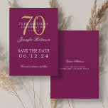 Invitación Gold Magenta 70th Birthday Save the Date<br><div class="desc">Elegante diseño de la "fiesta de cumpleaños número 70" con un guión de tipografía formal,  nombre personalizado y texto detallado. Fácil de usar y fácil de personalizar. ¡No te quedes sin el tuyo!</div>