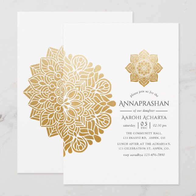 Invitación Gold Mandala Annaprashan Primera Ceremonia de Arro (Anverso / Reverso)