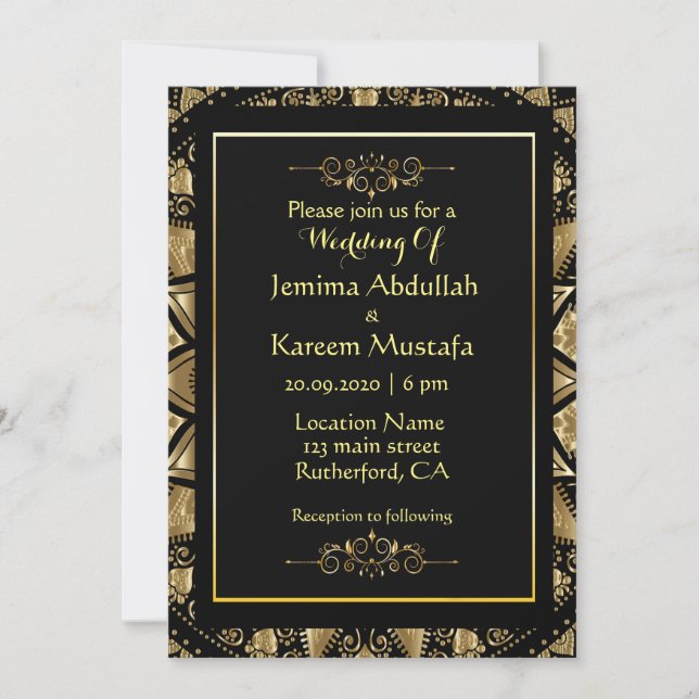 Invitación Gold Mandala En Boda De Fondo Negro (Anverso)