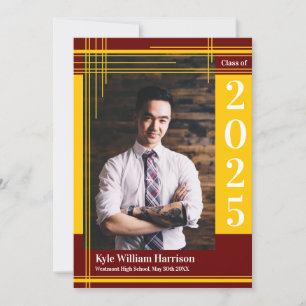 Invitación Gold Maroon School Color Graduation Photo Plaid