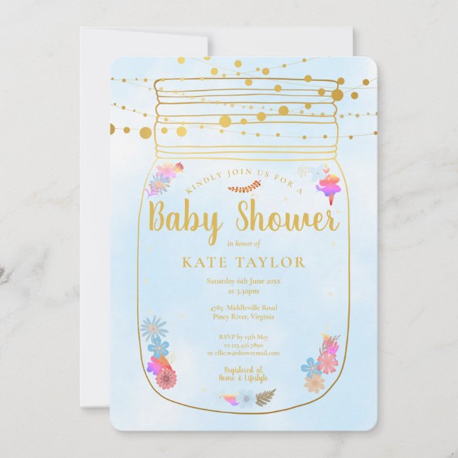 Invitación Gold Mason Jar String Lights Baby Shower (Anverso)