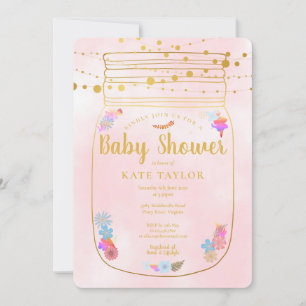 Invitación Gold Mason Jar String Lights Pink Baby Shower