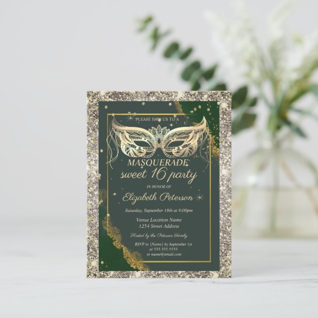 Invitación Gold Masquerade Glitter Green Sweet 16  (Anverso de pie)