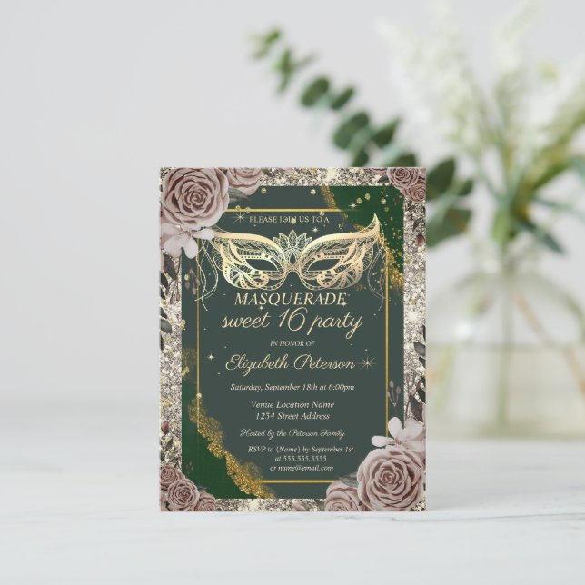 Invitación Gold Masquerade Roses Glitter Green Sweet 16  (Anverso de pie)