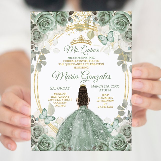 Invitación Gold Mis Quince Dusty Green Floral Quinceañera (Subido por el creador)
