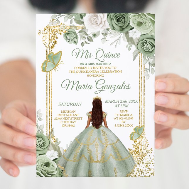 Invitación Gold Mis Quince Sage Green Floral Quinceañera (Subido por el creador)