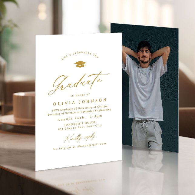 Invitación Gold Modern Calligraphy Simple Photo Graduation (Gold Modern Calligraphy Simple Photo Graduation Invitation)