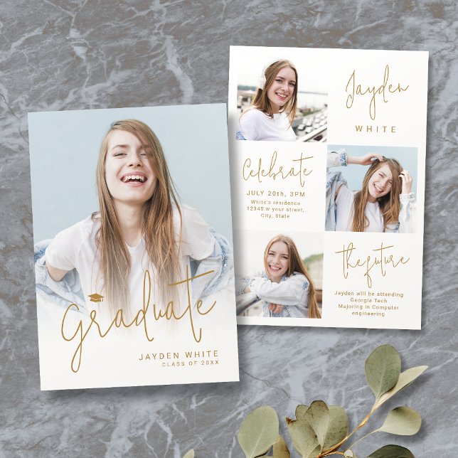Invitación Gold Modern Script 4 Photo Graduation (Gold Modern Script 4 Photo Graduation Announcement)