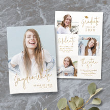 Invitación Gold Modern Script 4 Photo Graduation